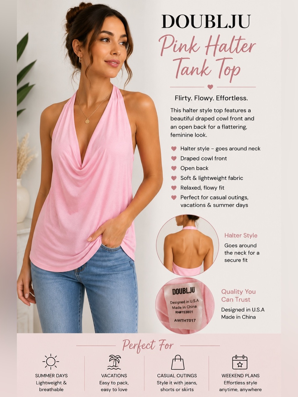 DOUBLJU Pink Halter Tank Top